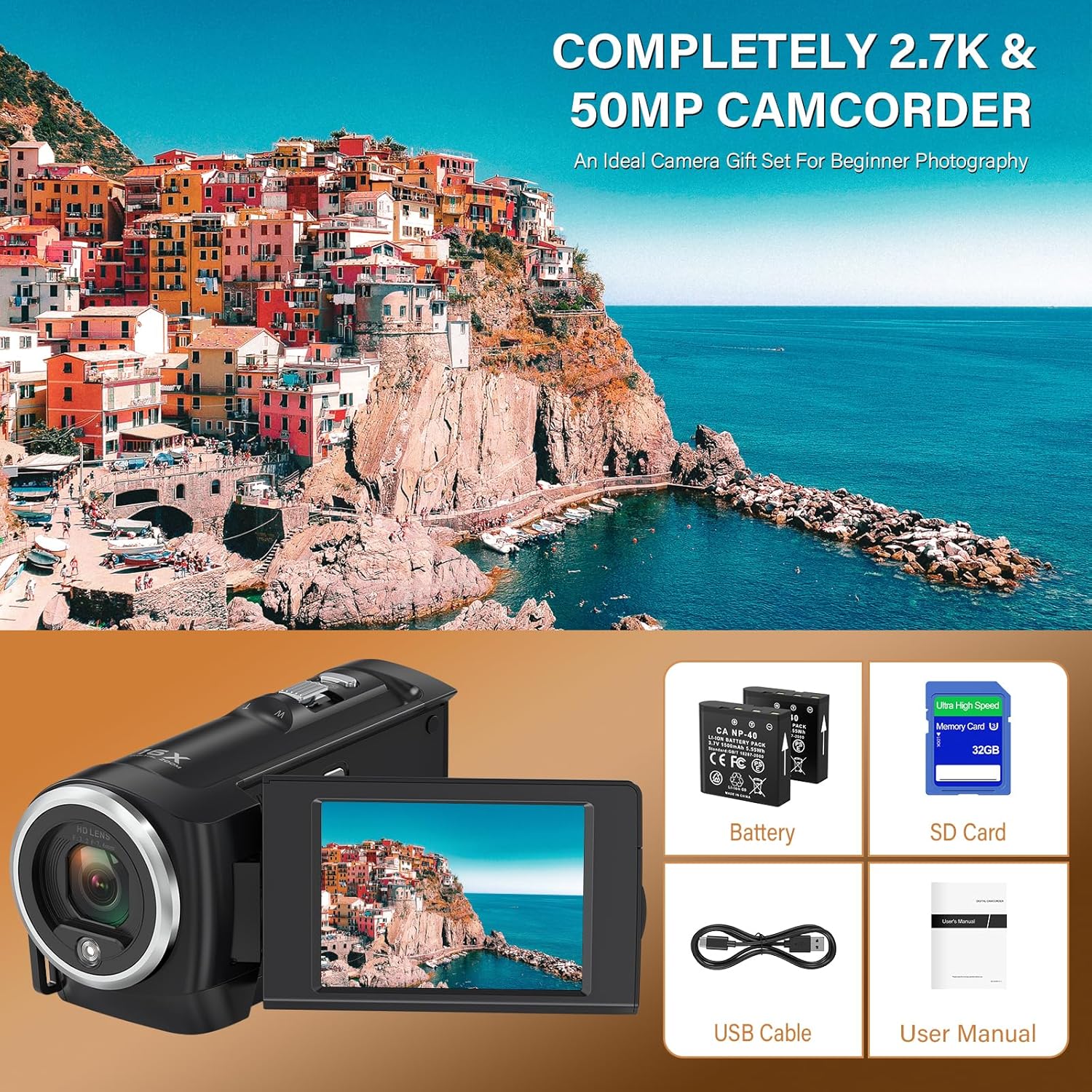 Video Camera Camcorder, QHD 2.7K Camcorder 50MP 16X Digital Video Camera for YouTube, 2.8'' 270 Degree Rotation Screen Video Recorder Vlogging Camera with 32GB Card and Two Batteries - Image 7