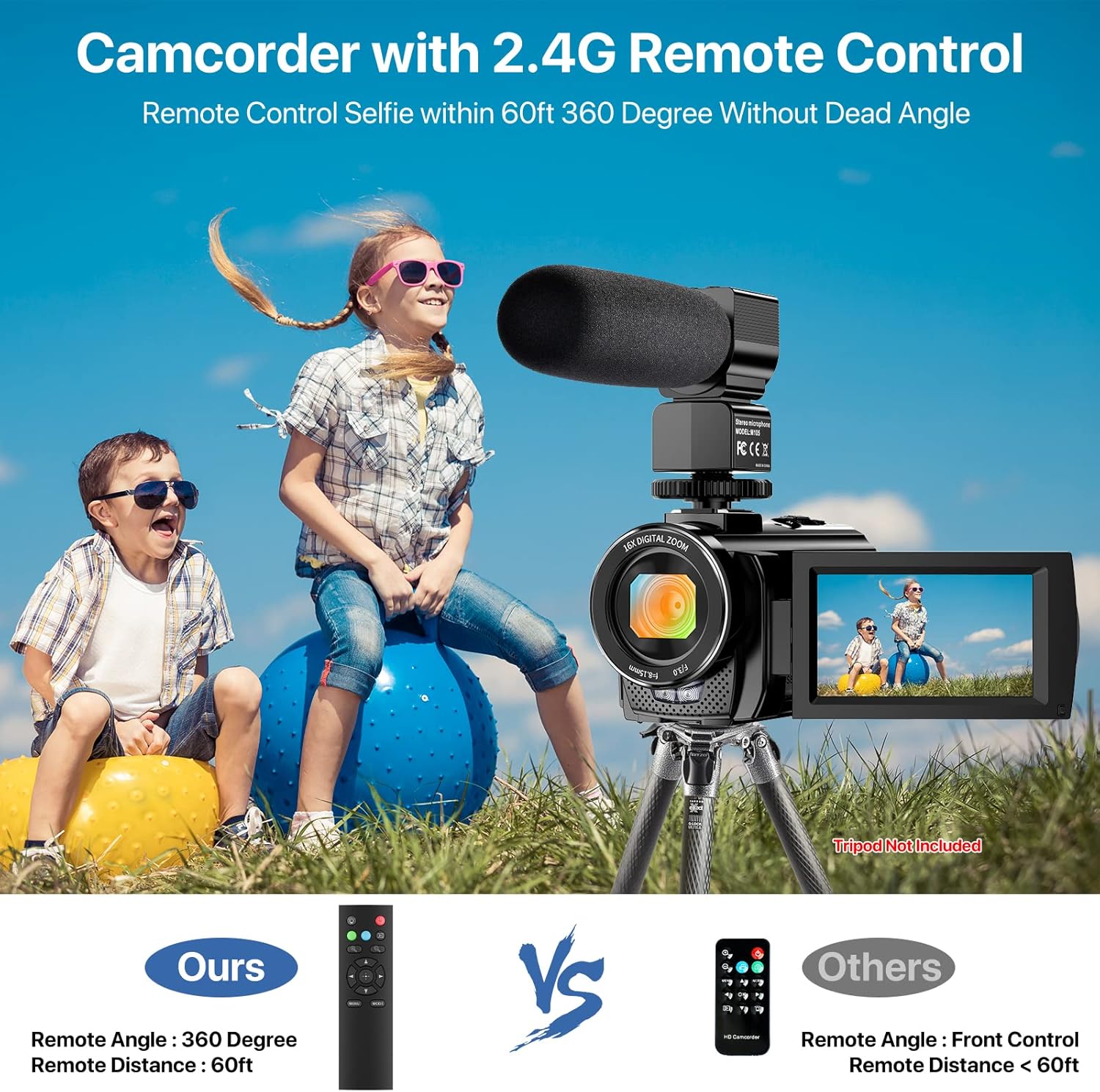 Video Camera YouTube Vlogging Camera Recorder FHD 1080P 24.0MP 3.0 Inch 270 Degree Rotation Screen 16X Digital Zoom Camcorder with Microphone,Remote Control and 2 Batteries - Image 4