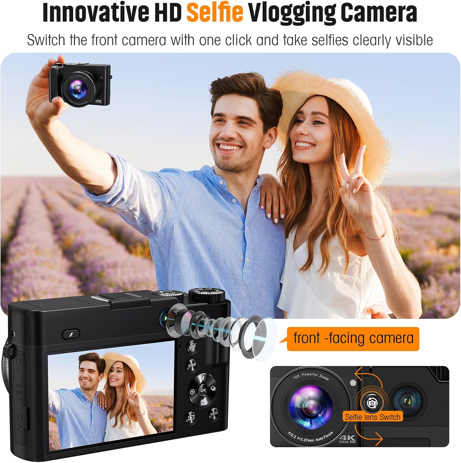 4K Digital Camera for Photography Autofocus 64MP Vlogging Camera for YouTube with Dual Cameras 16X Digital Zoom 4K Compact Travel Video Camera with 32GB SD Card,2 Batteries,Flash, Anti-Shake (Black) - Image 2
