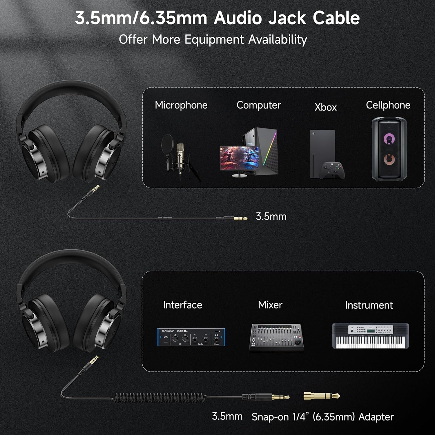 Wired Over Ear Headphones, Studio Monitor & Mixing DJ Headphones with 50mm Neodymium Drivers and 1/4 to 3.5mm Jack for Guitar AMP Podcast Piano Keyboard (Black) - Image 6